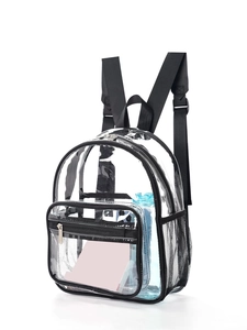 Clear PVC backpack with black straps and side mesh pockets for students