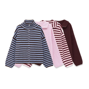 Cardigan En Tricot Pour Femmes Pull À Double Fermeture Éclair Rayé Col Polo Manches Longues Décontracté Ample