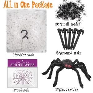 Halloween set with giant black spider, 20 small spiders, stakes and cobweb bundle