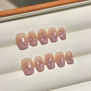 Handmade 3D butterfly press-on nails with cat eye gradient and shimmering finish