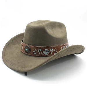 Detailed embroidery and turquoise gem buckle on khaki suede western cowboy hat band