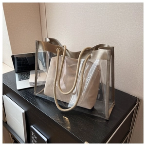 Minimalist transparent PVC tote bag with canvas inner pouch and thick hemp rope handles