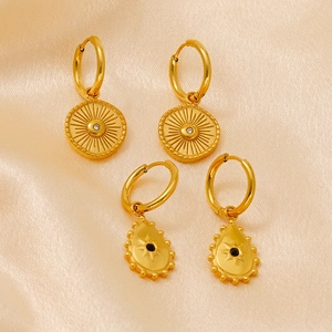 18K Gold Plated Stainless Steel Drop Earrings For Women Sunburst Geometric Teardrop Round Disc Rhinestone Inlay