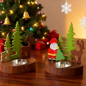 Detailed view of festive wooden candle holders with Santa and reindeer figurines