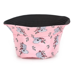 Detailed view of pink sun hat with cute koala pattern and breathable black lining layer