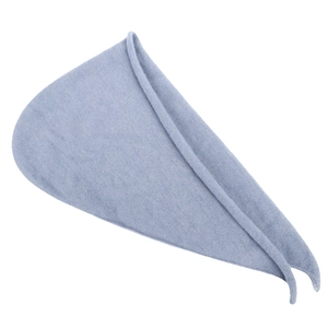 Close-up of light blue microfiber hair drying towel with soft coral fleece texture
