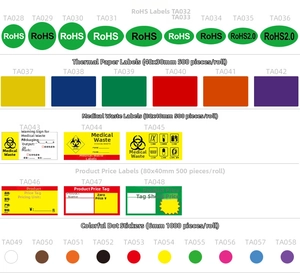 Grid display of colorful thermal labels, RoHS stickers, and round price tags in various sizes