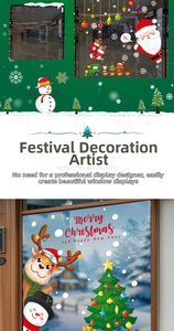 Detail of Christmas static window stickers featuring Santa, reindeer and snowflakes