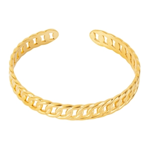 Polished 18k gold plated stainless steel open bangle with flat chain texture design