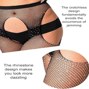 Sexy zwarte visnetpanty met strassteentjes en open kruis design voor dames