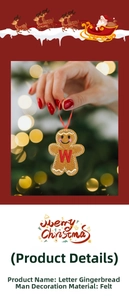 Detail of felt gingerbread man ornament with letter W and red string for Christmas trees