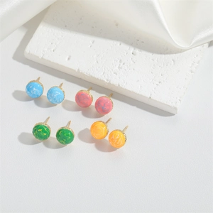 French vintage round stud earrings set with colorful marble texture and gold posts
