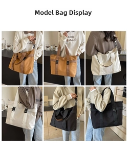 Three versatile canvas tote bags in caramel, cream, and black shown in daily use