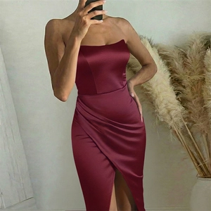 Elegant burgundy satin strapless gown featuring a sexy side slit and sleek finish