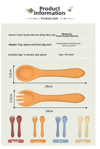 Detailed view of food-grade silicone baby fork and spoon set with size specifications