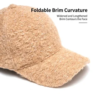 Khaki lamb wool baseball cap with foldable wide brim for winter warmth and face contouring