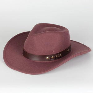 Flat brim wool felt fedora hat in wine red with studded leather band and vintage buckle