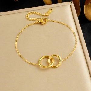 Interlocking Rings Bracelet Gold Plated Stainless Steel Geometric Minimalist Adjustable Chain Elegant Jewelry For Women