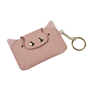 Cute pink cartoon animal card holder with gold keychain in soft faux leather