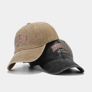 Vintage washed cotton Brooklyn baseball caps in khaki and dark grey with 3D embroidery