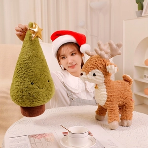 Plush Christmas tree and reindeer toy set with golden star and bells detail