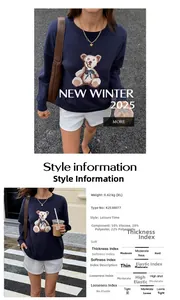Detail of navy knit sweater with teddy bear pattern and material composition label