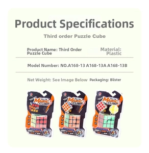 Detailed packaging view showing three 3x3 puzzle cube models in protective blister packs