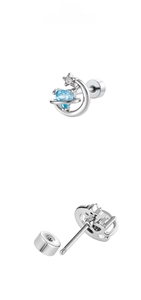Detail of silver heart zircon crescent moon stud earring with secure screw back closure