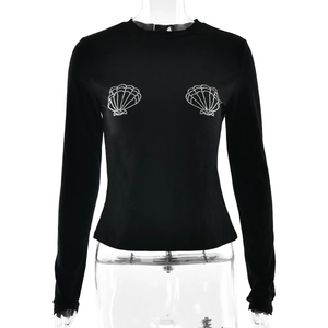 Slim fit black long sleeve t-shirt for women with rhinestone shell patterns and round neck