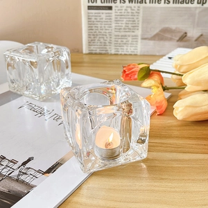 Nordic luxury ice cube glass candle holder with lit tea light for elegant table decor