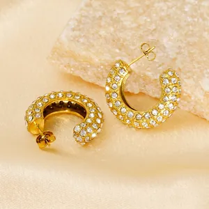 C-Shape Hoop Earrings Stainless Steel 18K Gold Plated Rhinestones Multi Row Geometric Vintage Elegant For Women