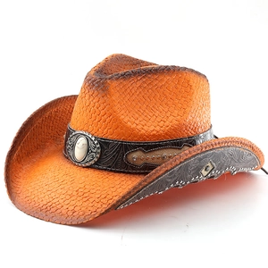 Classic orange woven paper straw cowboy hat with black leather band and turquoise stone