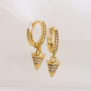 18K gold plated hoop earrings with micro-pave zircon and geometric cone pendants