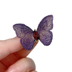 Exquisite purple embroidered butterfly brooch with a deep red rhinestone center for women