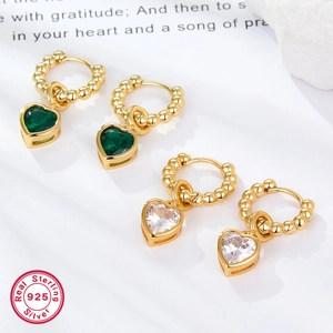 S925 sterling silver hoop earrings with heart-shaped green and white zircon pendants