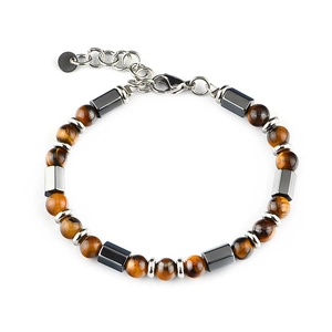 Bracelet en œil de tigre brun et hématite avec fermoir mousqueton argenté sur fond blanc