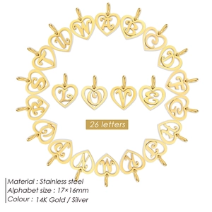 Heart-shaped stainless steel alphabet charms set in 14K gold and silver finish