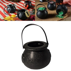 Black plastic Halloween cauldron kettle with handle for candy storage and party decoration