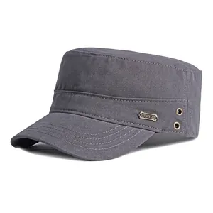Classic dark grey cotton military flat top cap with side vintage sports metal badge