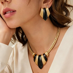 Retro Geometric Jewelry Alloy Enamel Necklace Earrings With Silver Earring Post Vintage Artistic Style For Women