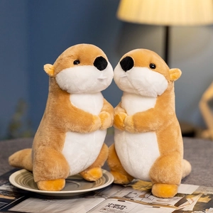 Cute realistic groundhog plush toy set with soft brown fur in a warm indoor scene