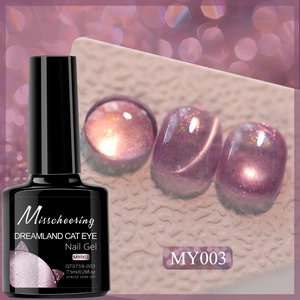 Detail of MY003 light purple cat eye nail gel bottle with swatches on display board
