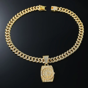 Hip hop gold plated Cuban chain necklace with iced out watch pendant and clear crystals