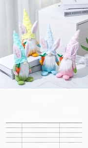 Detail of four colorful Easter gnome bunnies with tall hats and carrots in a home setting