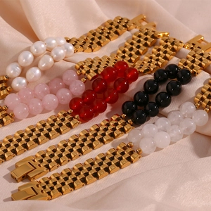 Chic 13mm stainless steel watchband bracelets with natural stones on silk background