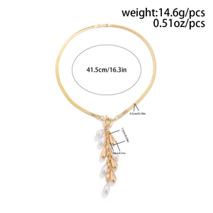 Elegant gold snake chain necklace with faux rice pearl and metal droplet fringe tassels