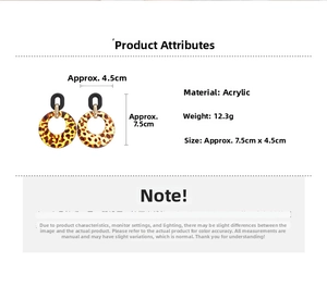 Infographic showing lightweight leopard acrylic earrings with precise size measurements