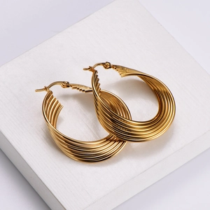 Fashionable gold layered geometric hoop earrings in polished stainless steel