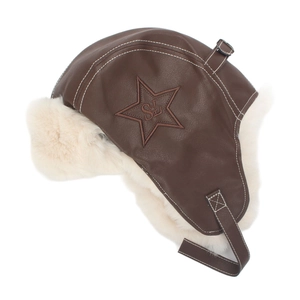 Detail of faux leather trapper hat with star embossing and plush faux fur lining