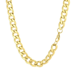 Polished gold Cuban link chain necklace with lobster clasp on white background
